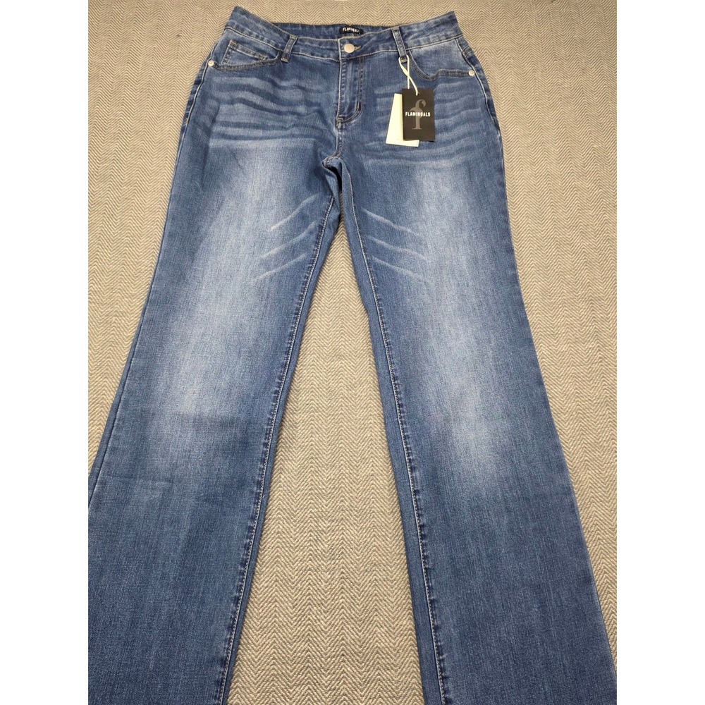 Flamingals Womens Straight Leg Jeans Medium Wash Blue Stretch Denim Size L NEW